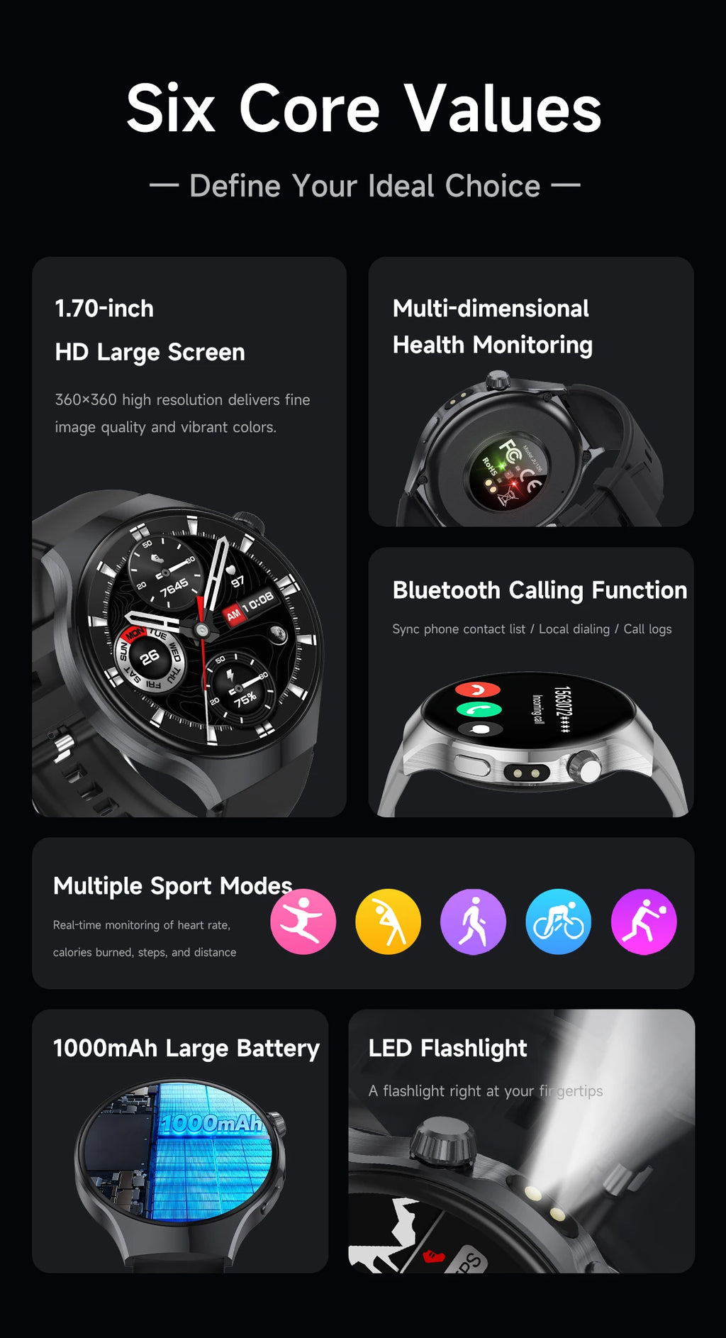 New Men's Smart Watch ,Health Monitor ,Bluetooth Call ,1000mAh Battery large battery,LED Flashlight ,100+Sport Mode Smart Watch