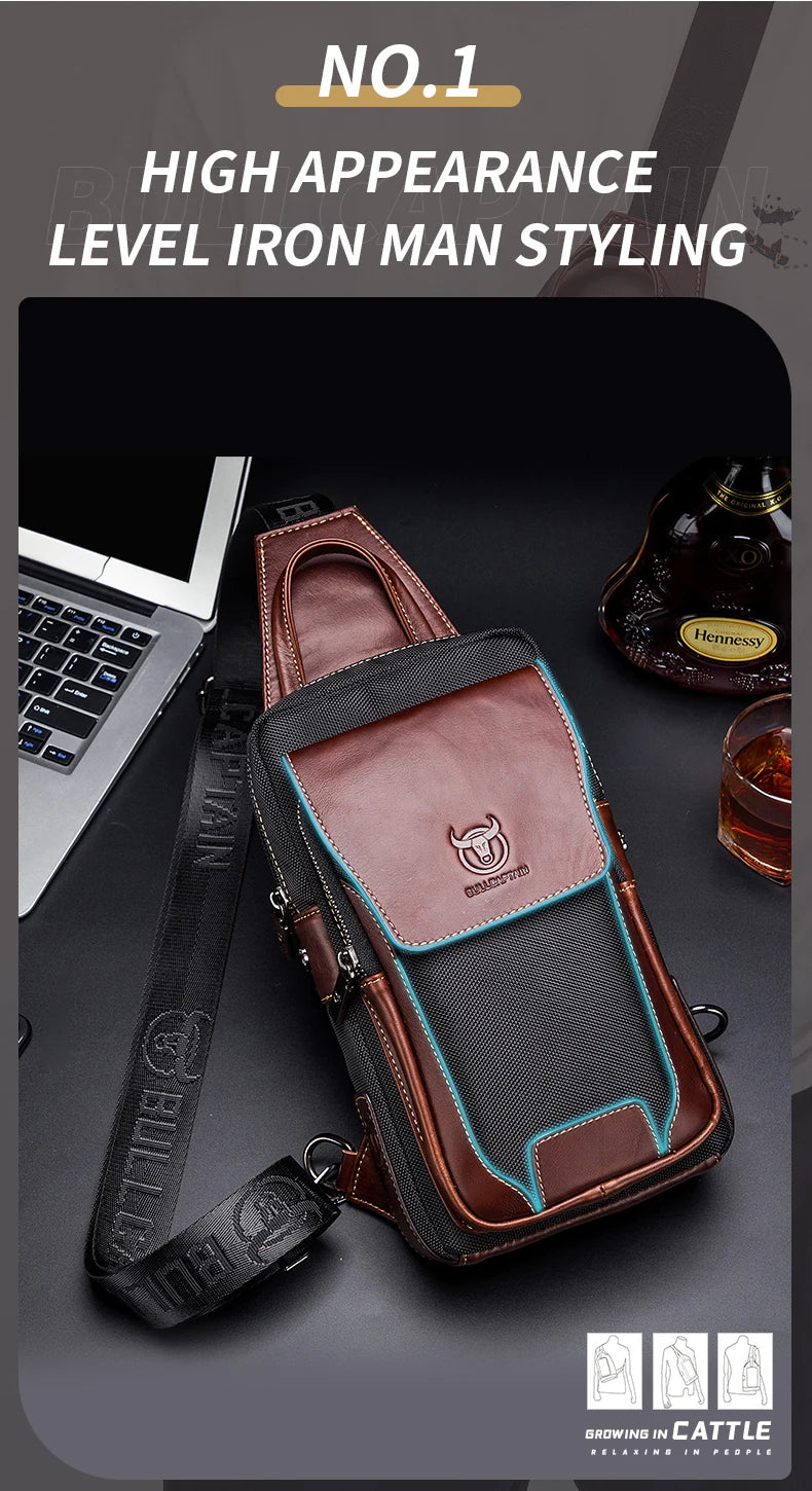BULLCAPTAIN Men Chest Bag Head Layer Cowhide Men's Bag Casual Fashion Chest Belt Bag Popular Styles Business Shoulder Bag