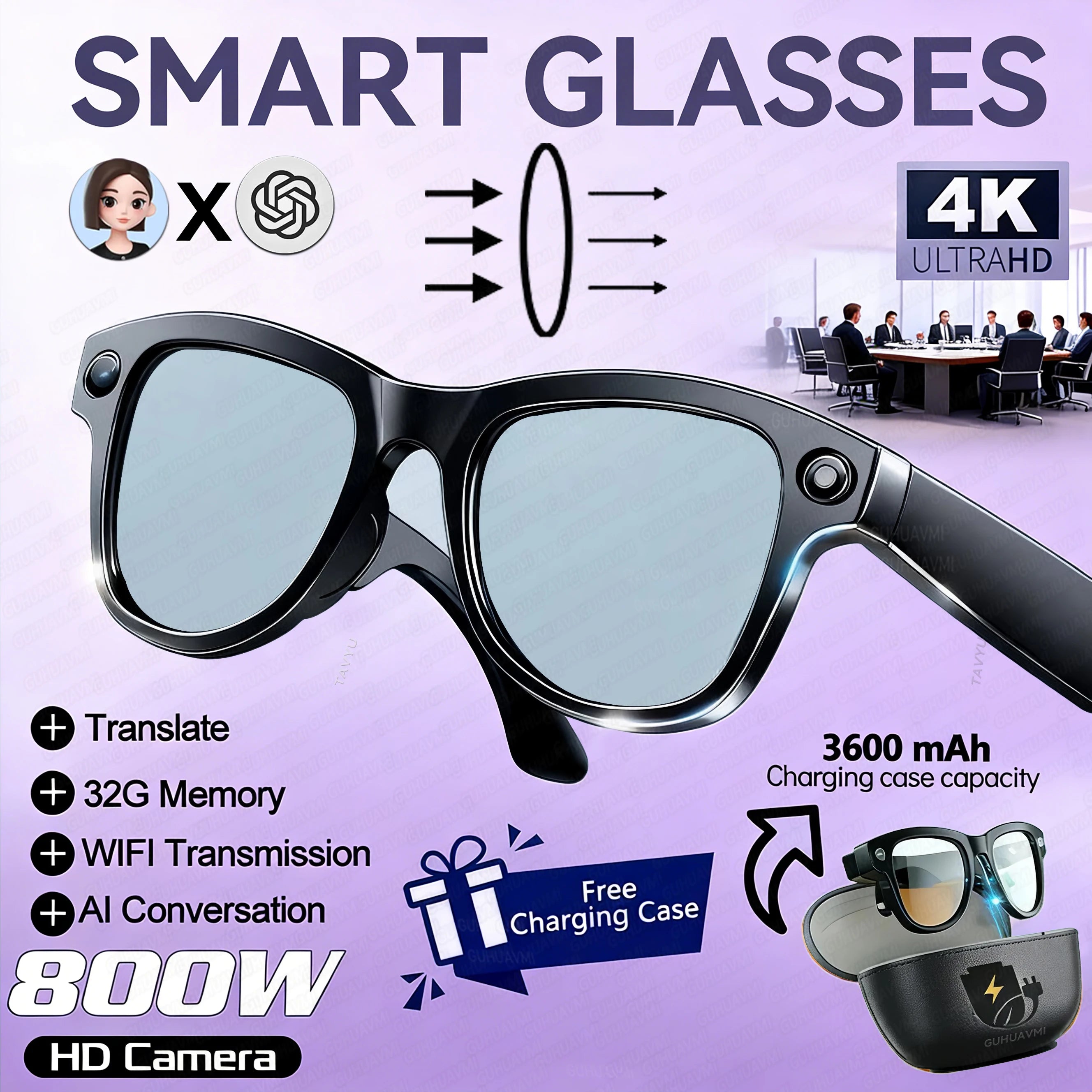 2026 Smart Glasses Women 3600mAh Power Bank 800W Camera 120+Languages Translation Recording Videos Music Player Call Glasses Men