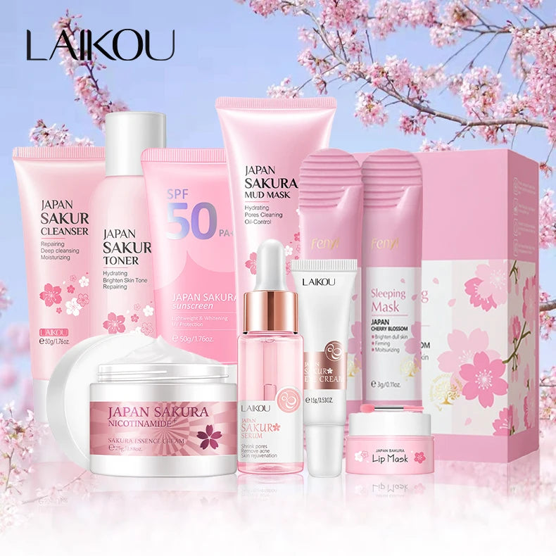 LAIKOU Sakura Skin Care Set – 9pcs Korean Skincare Kit with Cleanser, Toner, Cream & More