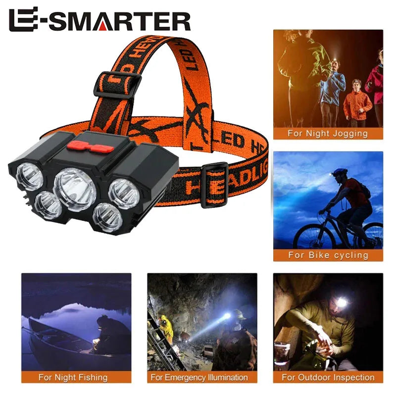 5 LED USB Rechargeable Headlamp, Powerful Head Torch for Camping, Fishing and Outdoor