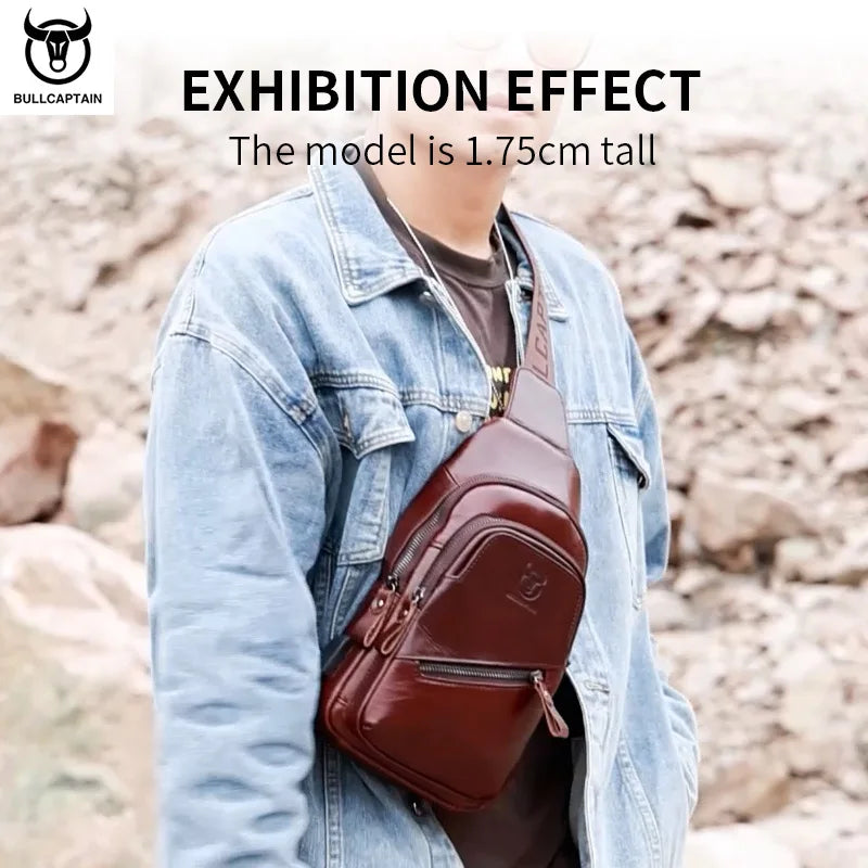 BULLCAPTAIN Men's Leather Chest Bag – Large Capacity Sling Messenger Bag XB-127
