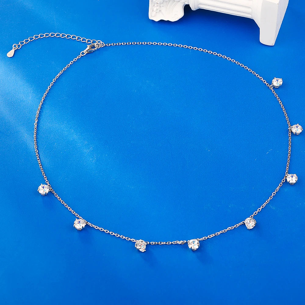 8 Stone Round Cut Real Moissanite Necklace for Women Floating Tiny Diamonds Neck Chain S925 Silver 18K Gold Plated Jewelry Gift