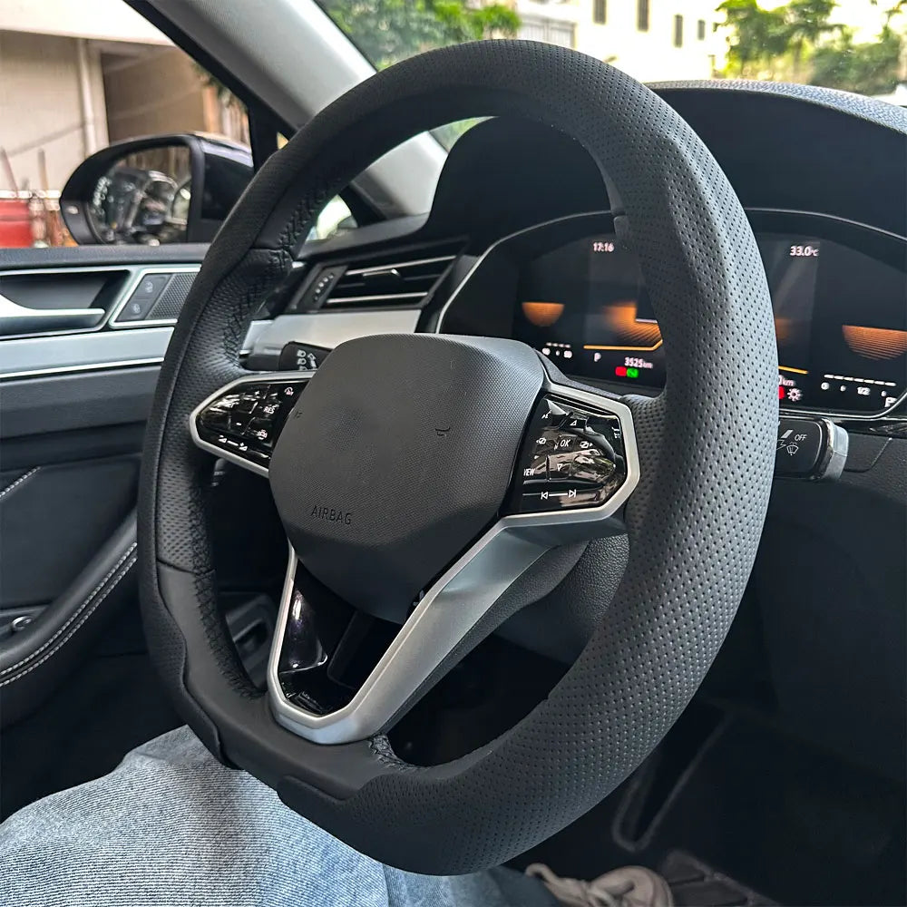 Universal Non-Slip Leather Steering Wheel Cover 36–38cm – Round & D Shape