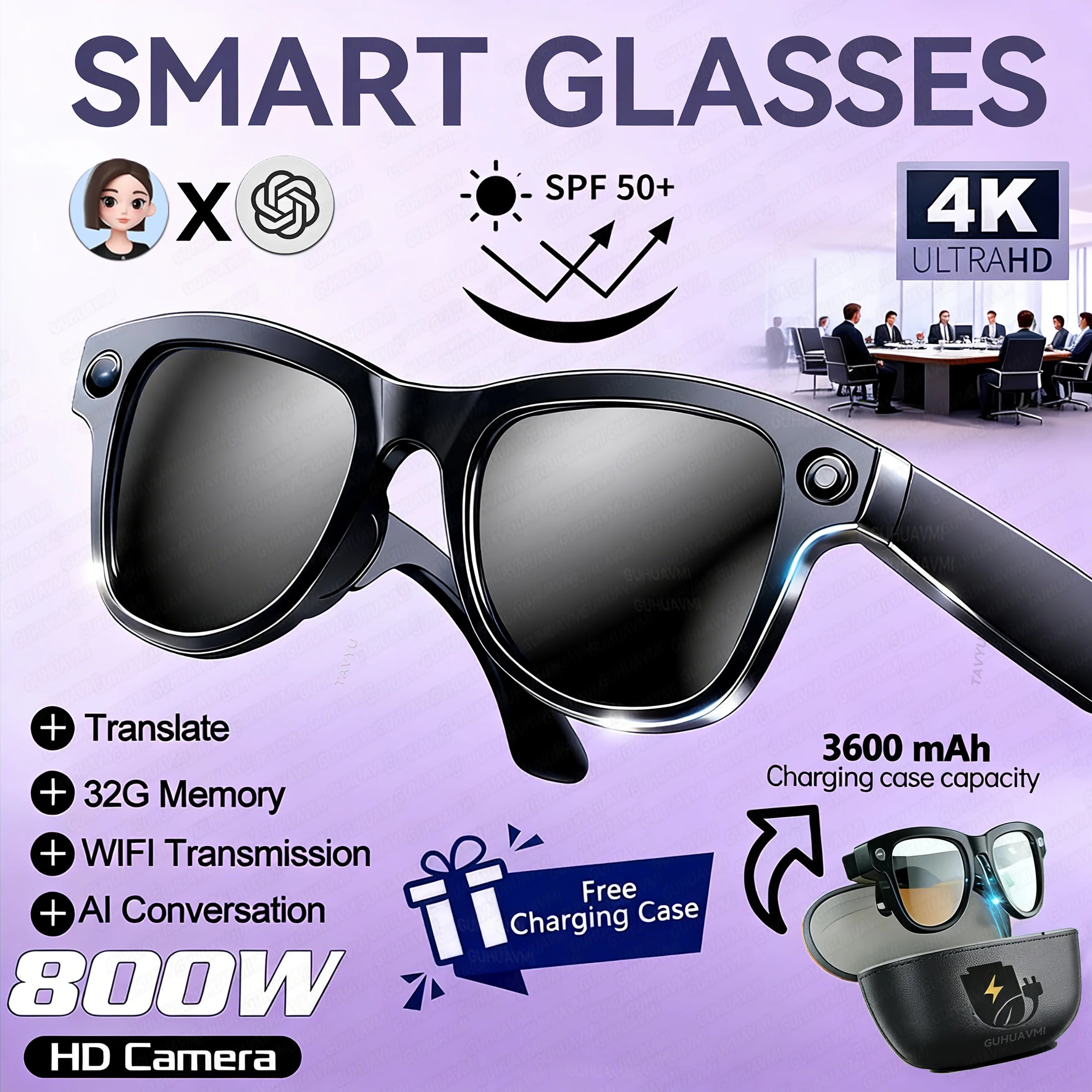 2026 Smart Glasses Women 3600mAh Power Bank 800W Camera 120+Languages Translation Recording Videos Music Player Call Glasses Men