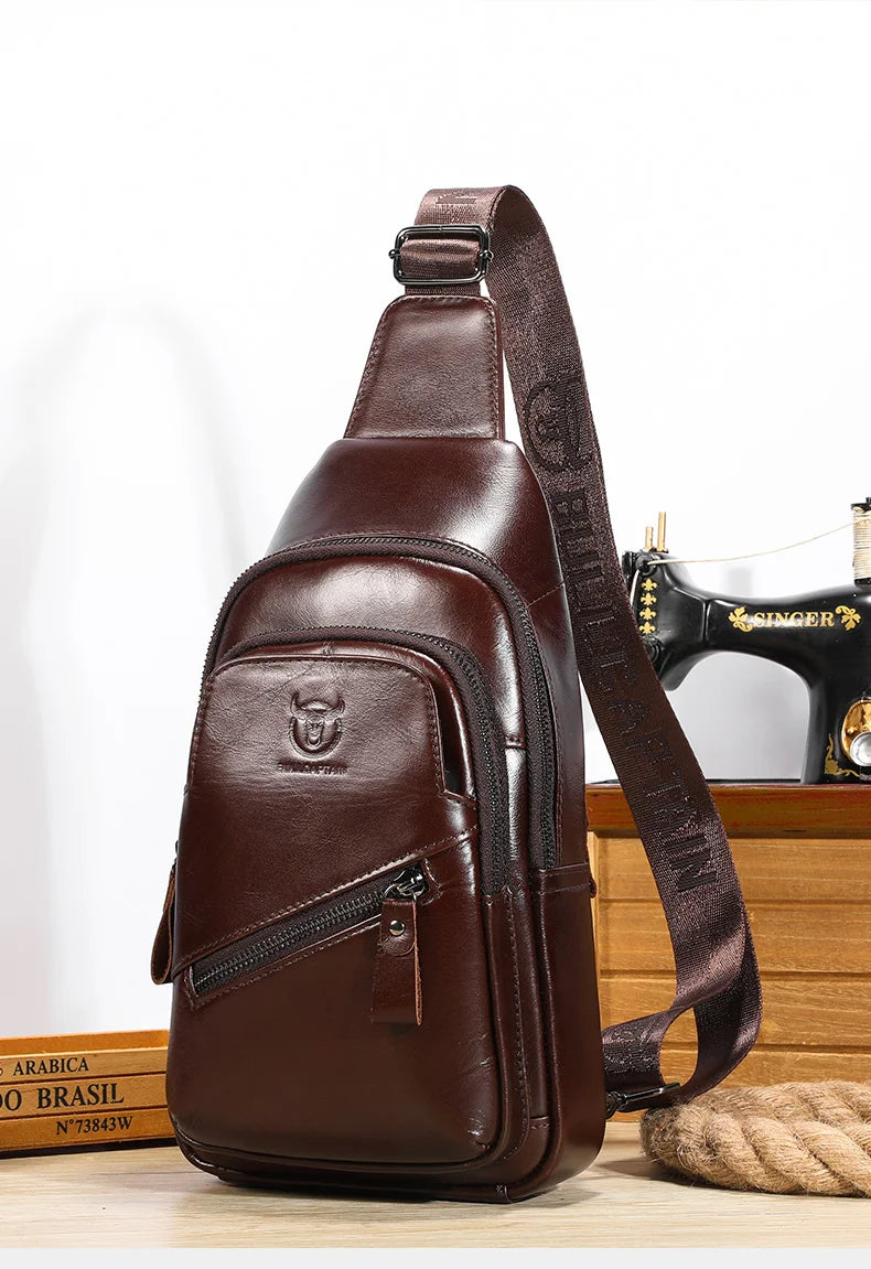 BULLCAPTAIN Men's Leather Chest Bag – Large Capacity Sling Messenger Bag XB-127
