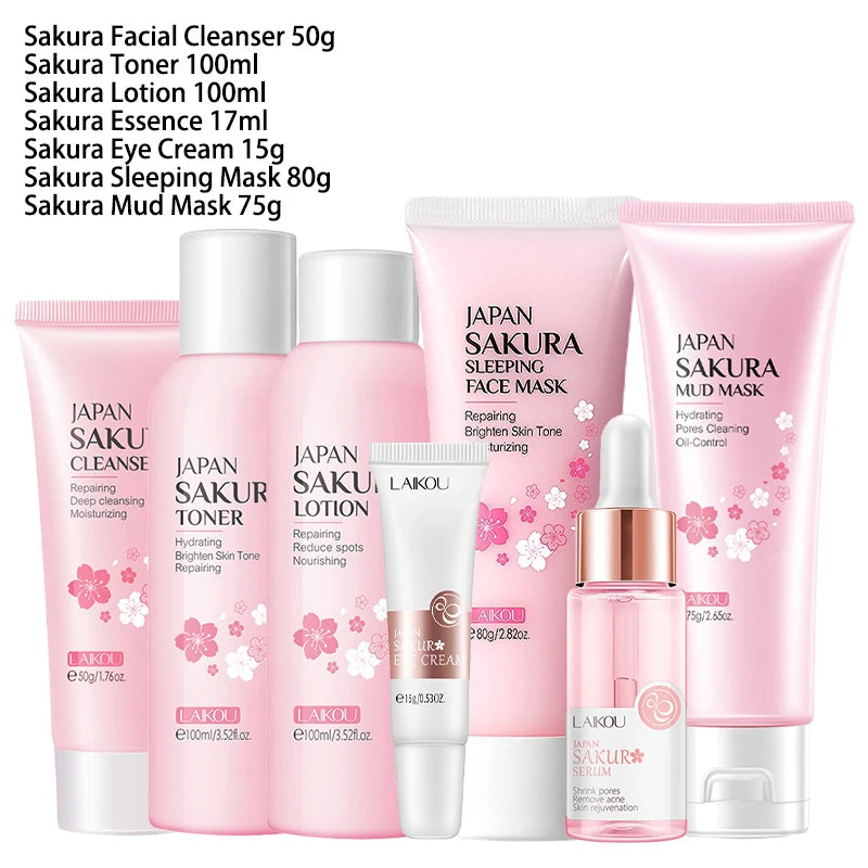 LAIKOU Sakura Skin Care Set – 9pcs Korean Skincare Kit with Cleanser, Toner, Cream & More