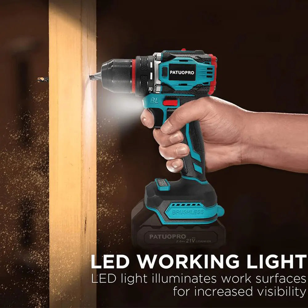 Taladro sin escobillas inalámbrico PATUOPRO de 10 mm y 2 velocidades — Herramienta de atornillado para bricolaje doméstico para batería Makita de 18 V