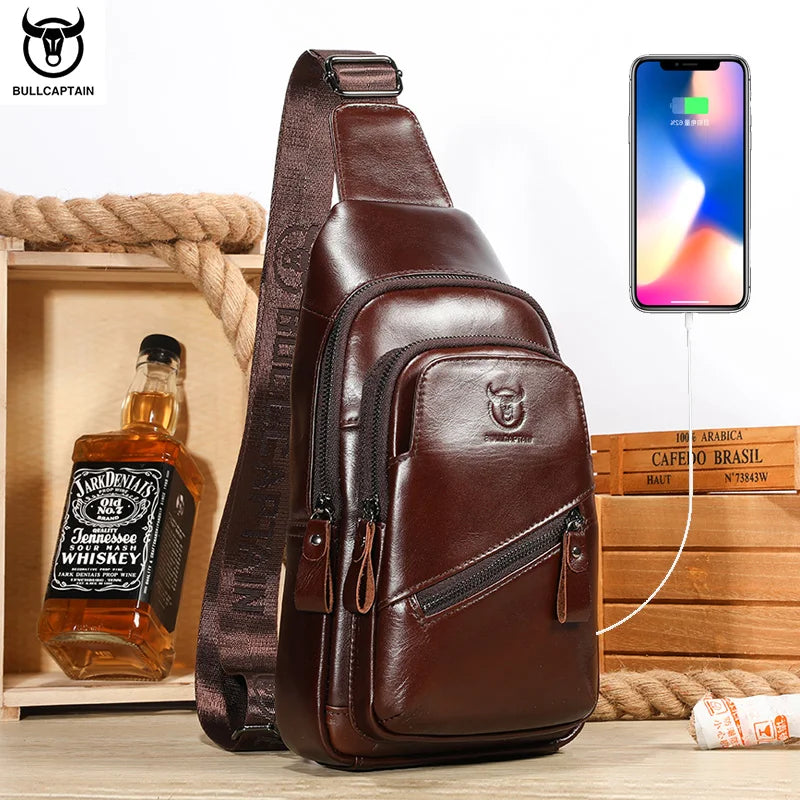 BULLCAPTAIN Men's Leather Chest Bag – Large Capacity Sling Messenger Bag XB-127