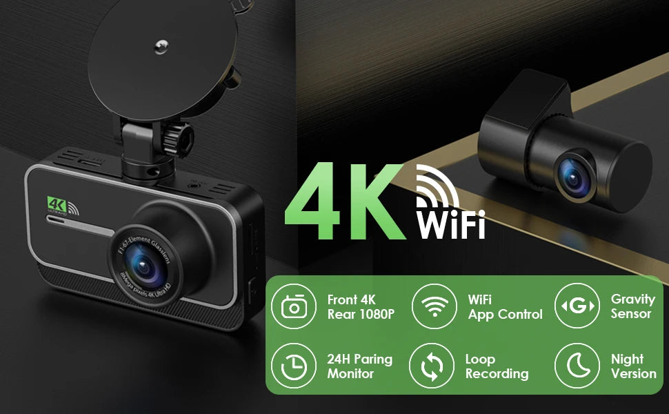 4K Dash Cam for Cars Car Camera Dash Cam WIFI Camera for Car Front and Rear Dash Camera Black Box 24H Parking Mode Recorder