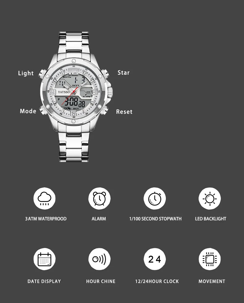 Men's Hybrid Watch, 5ATM Waterproof Steel Band Dual Movement Luminous Hands
