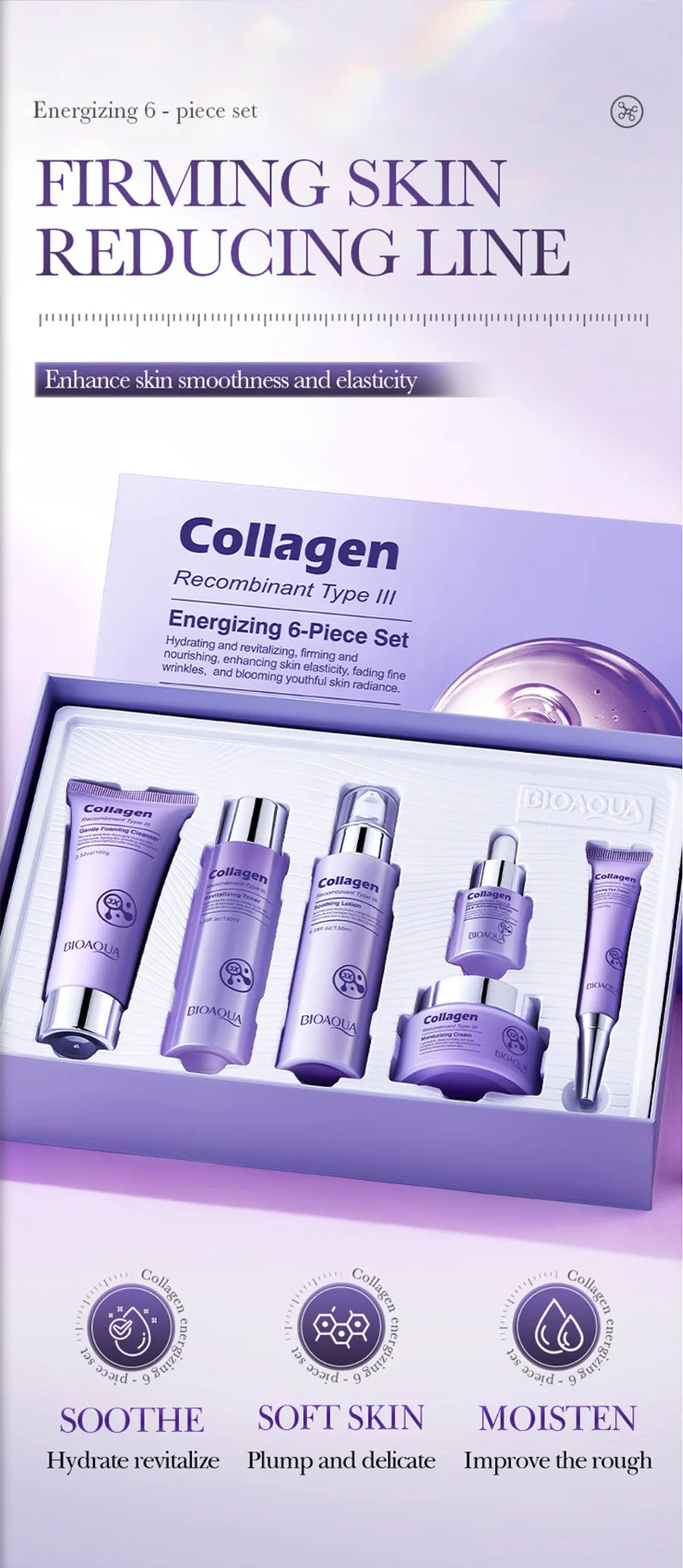 BIOAOUA Collagen Anti-Wrinkle Skincare Set – 6pcs with Eye Cream, Face Cream, Toner & Serum