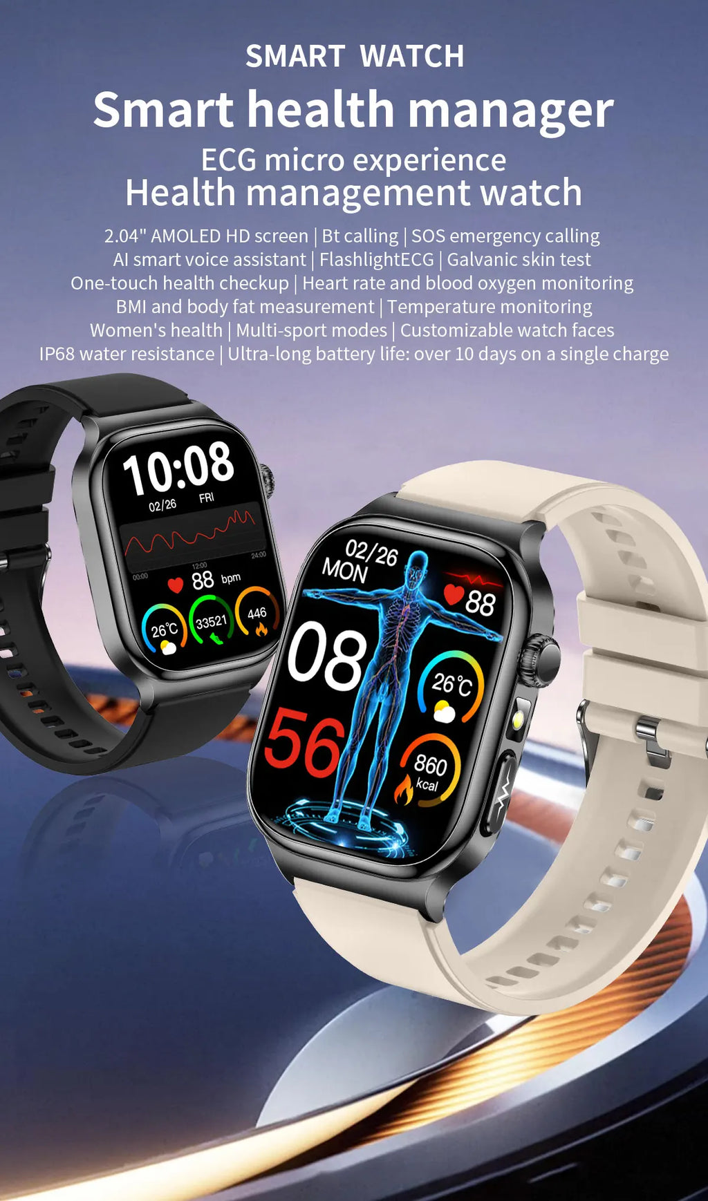 AMOLED Health Smartwatch with ECG, Blood Oxygen, Blood Pressure & Body Fat Tracking