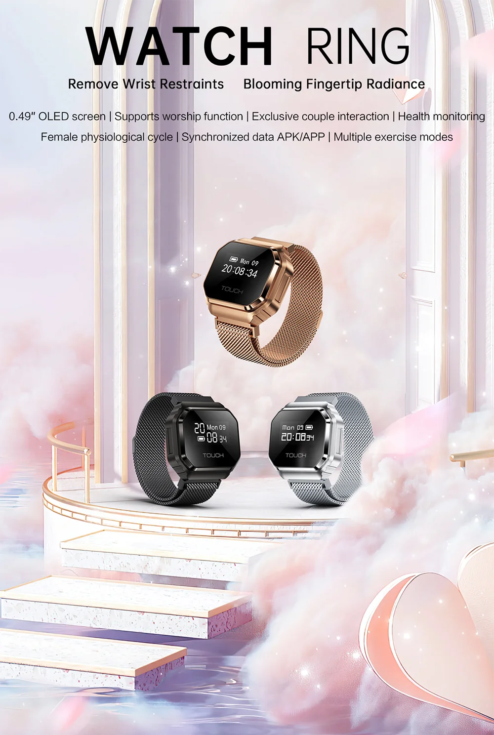 2026 New Smart Watch Ring 0.49" OLED Screen, Heart Rate Blood Oxygen Sleep Health Monitoring, 5ATM Waterproof, Multiple Sport