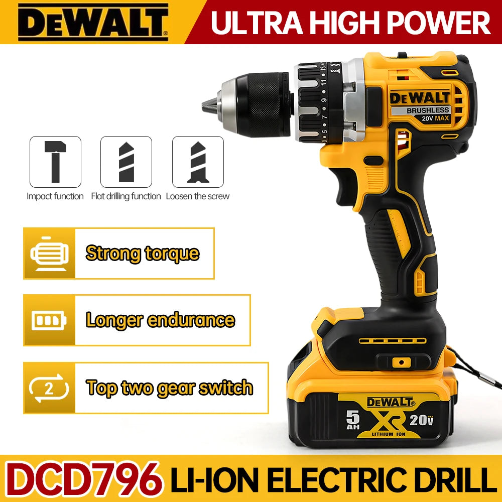 DEWALT DCD796 Compact Cordless Brushless Impact Drill — LED Light 20V Multi-Function Power Tool