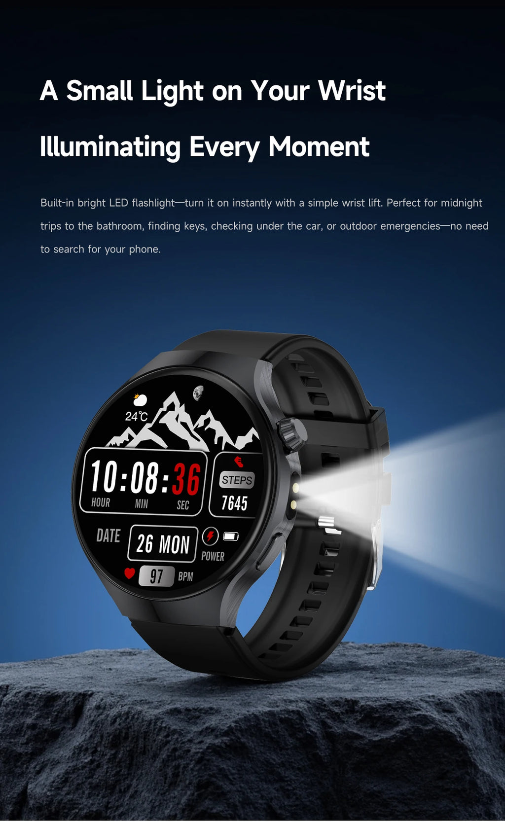 New Men's Smart Watch ,Health Monitor ,Bluetooth Call ,1000mAh Battery large battery,LED Flashlight ,100+Sport Mode Smart Watch