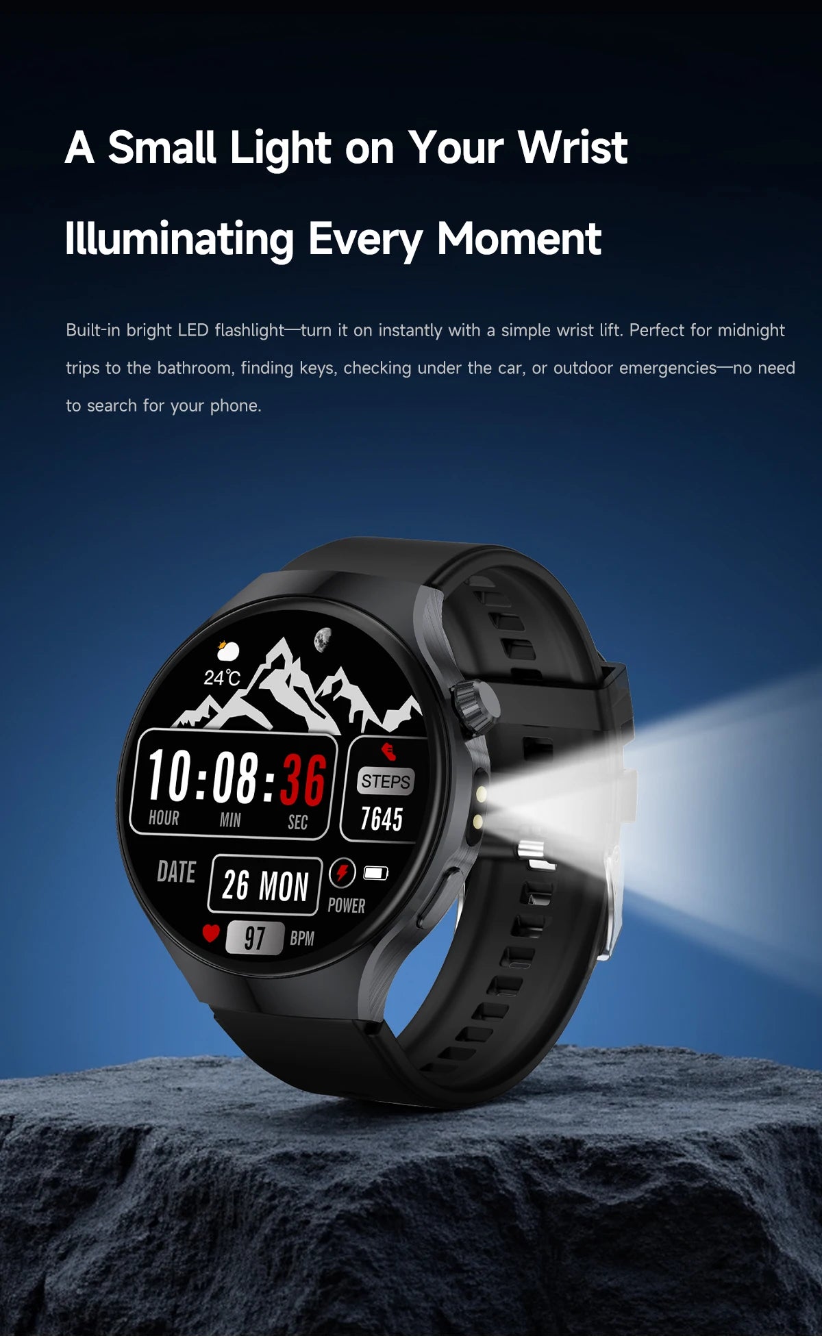 New Men's Smart Watch ,Health Monitor ,Bluetooth Call ,1000mAh Battery large battery,LED Flashlight ,100+Sport Mode Smart Watch