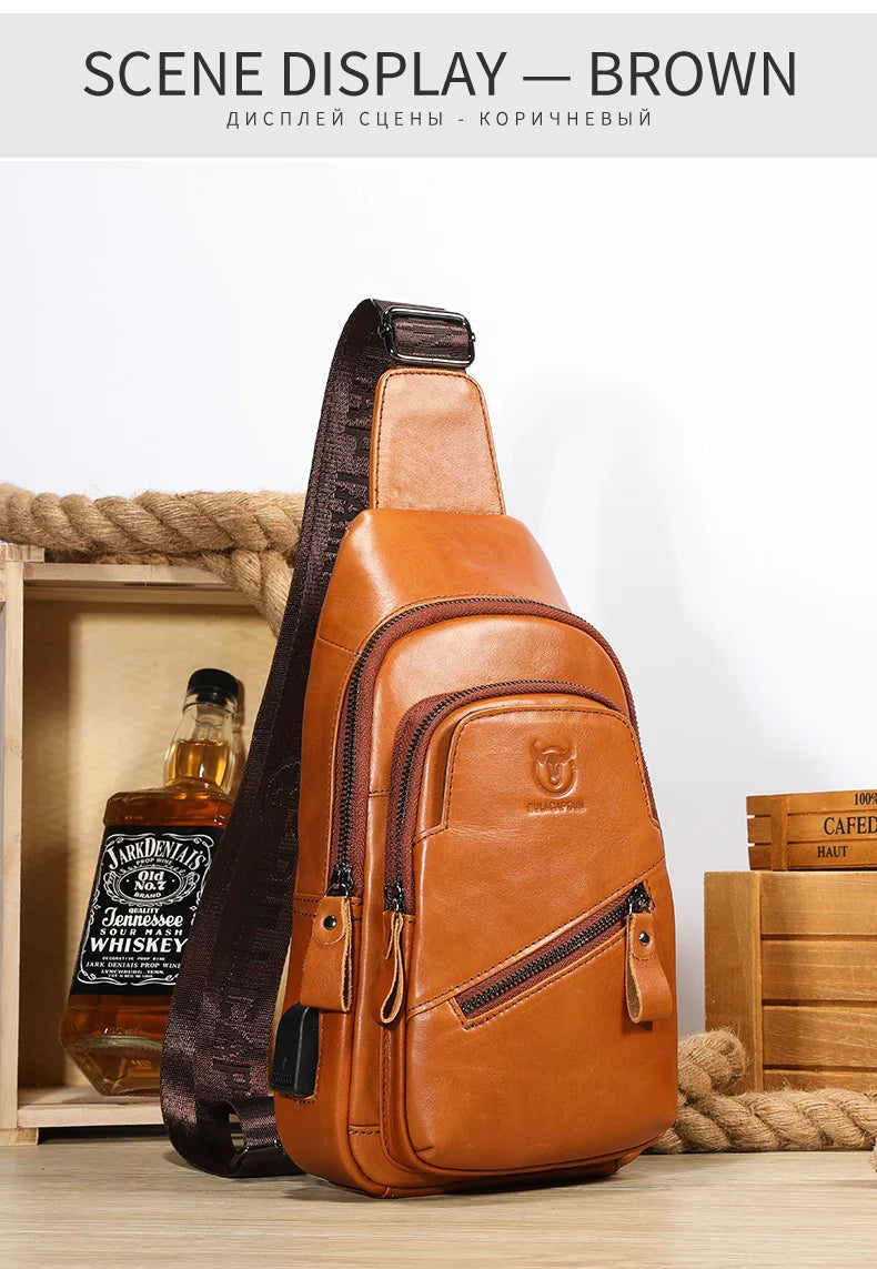 BULLCAPTAIN Men's Leather Chest Bag – Large Capacity Sling Messenger Bag XB-127