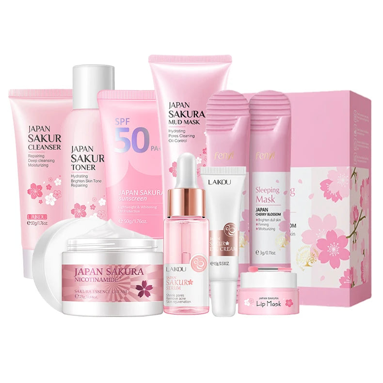LAIKOU Sakura Skin Care Set – 9pcs Korean Skincare Kit with Cleanser, Toner, Cream & More