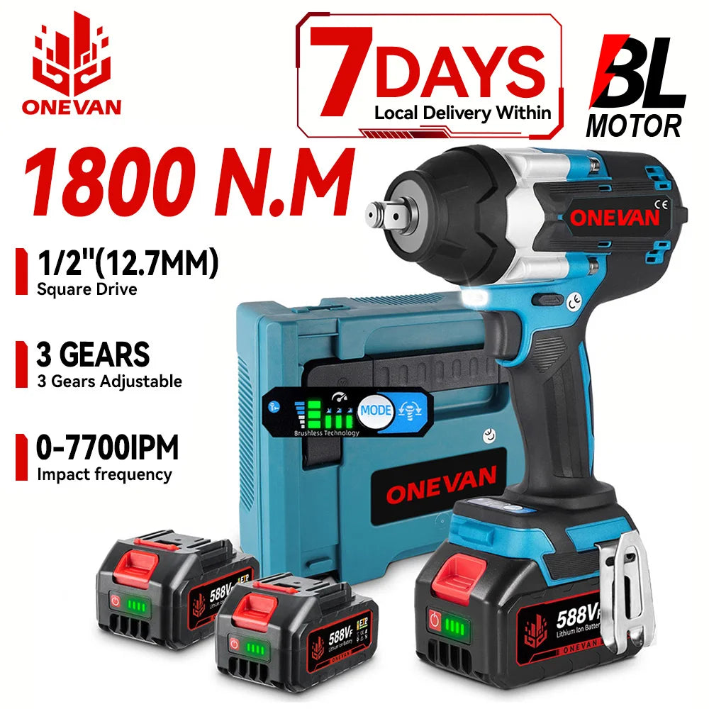 ONEVAN 1800N.M Cordless Brushless Impact Wrench 1/2" — High Torque Power Tool for Makita Battery