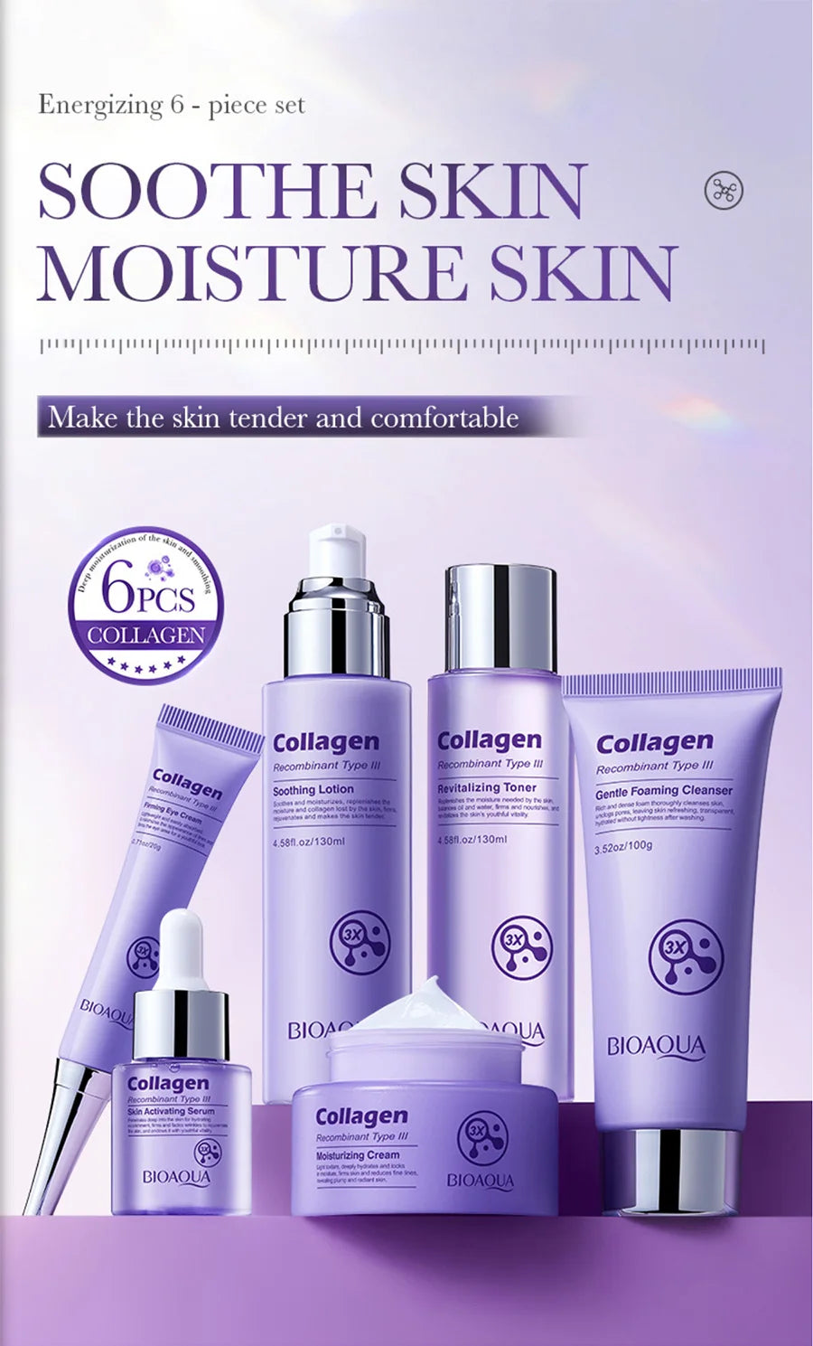 BIOAOUA Collagen Anti-Wrinkle Skincare Set – 6pcs with Eye Cream, Face Cream, Toner & Serum
