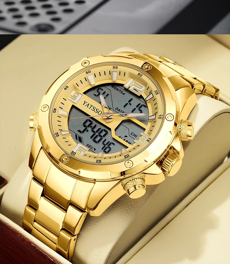Men's Hybrid Watch, 5ATM Waterproof Steel Band Dual Movement Luminous Hands