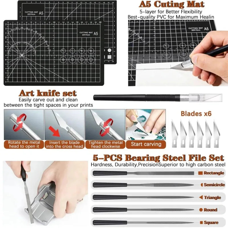 66x 3D Printer Tools Kit with Storage Case for FDM SLA Printers Deburring Tool Scrapers Metal Files Brushes Hand Drill Tweezers