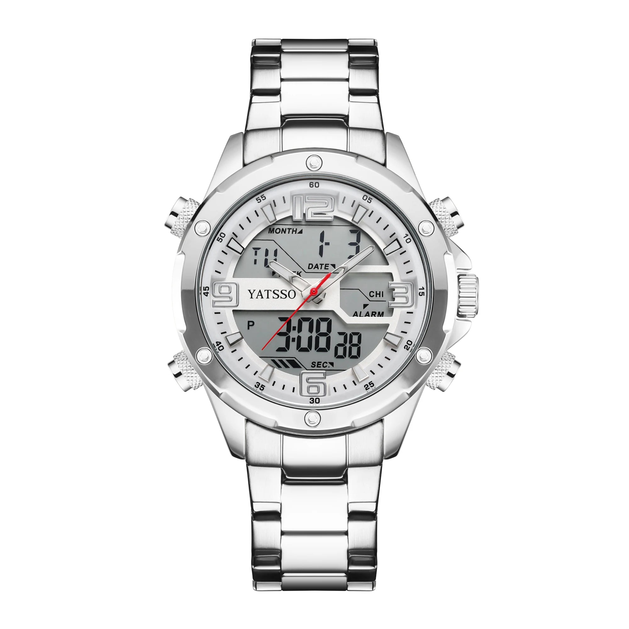 Men's Hybrid Watch, 5ATM Waterproof Steel Band Dual Movement Luminous Hands