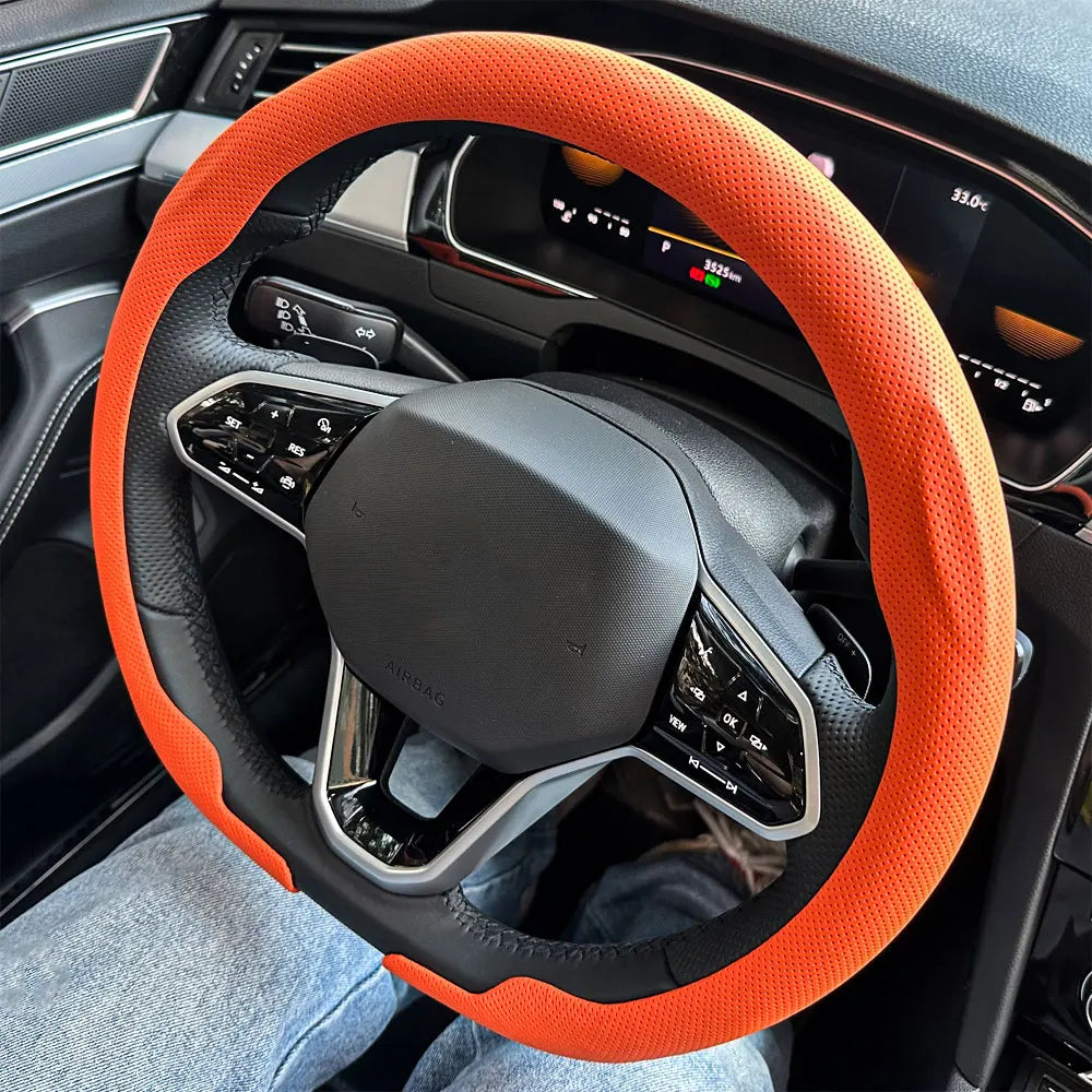 Universal Non-Slip Leather Steering Wheel Cover 36–38cm – Round & D Shape