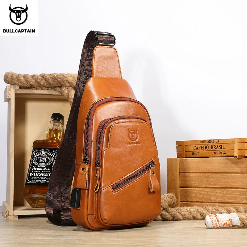 BULLCAPTAIN Men's Leather Chest Bag – Large Capacity Sling Messenger Bag XB-127