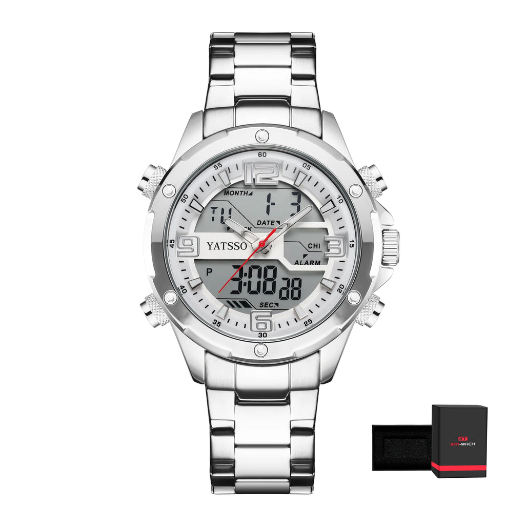 Men's Hybrid Watch, 5ATM Waterproof Steel Band Dual Movement Luminous Hands