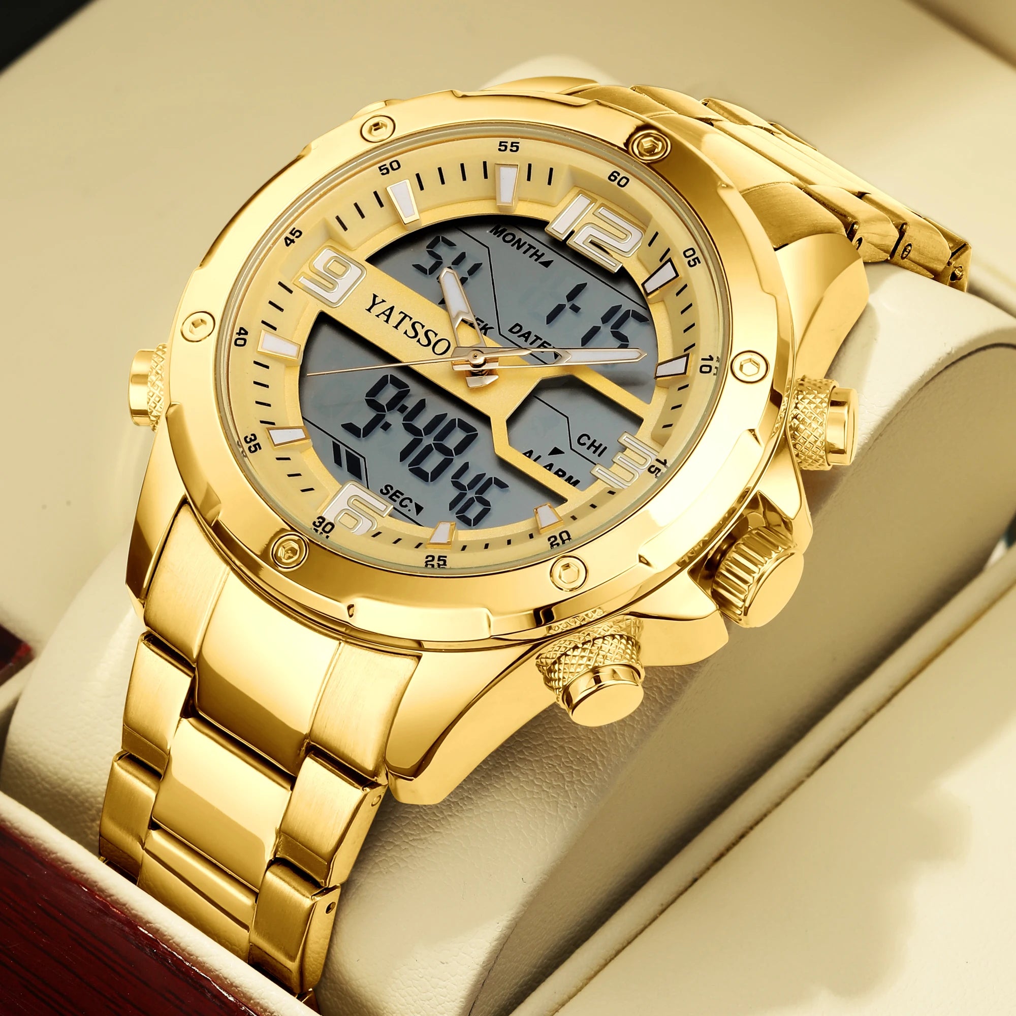 Men's Hybrid Watch, 5ATM Waterproof Steel Band Dual Movement Luminous Hands