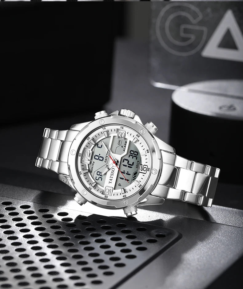 Men's Hybrid Watch, 5ATM Waterproof Steel Band Dual Movement Luminous Hands