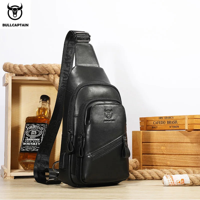 BULLCAPTAIN Men's Leather Chest Bag – Large Capacity Sling Messenger Bag XB-127