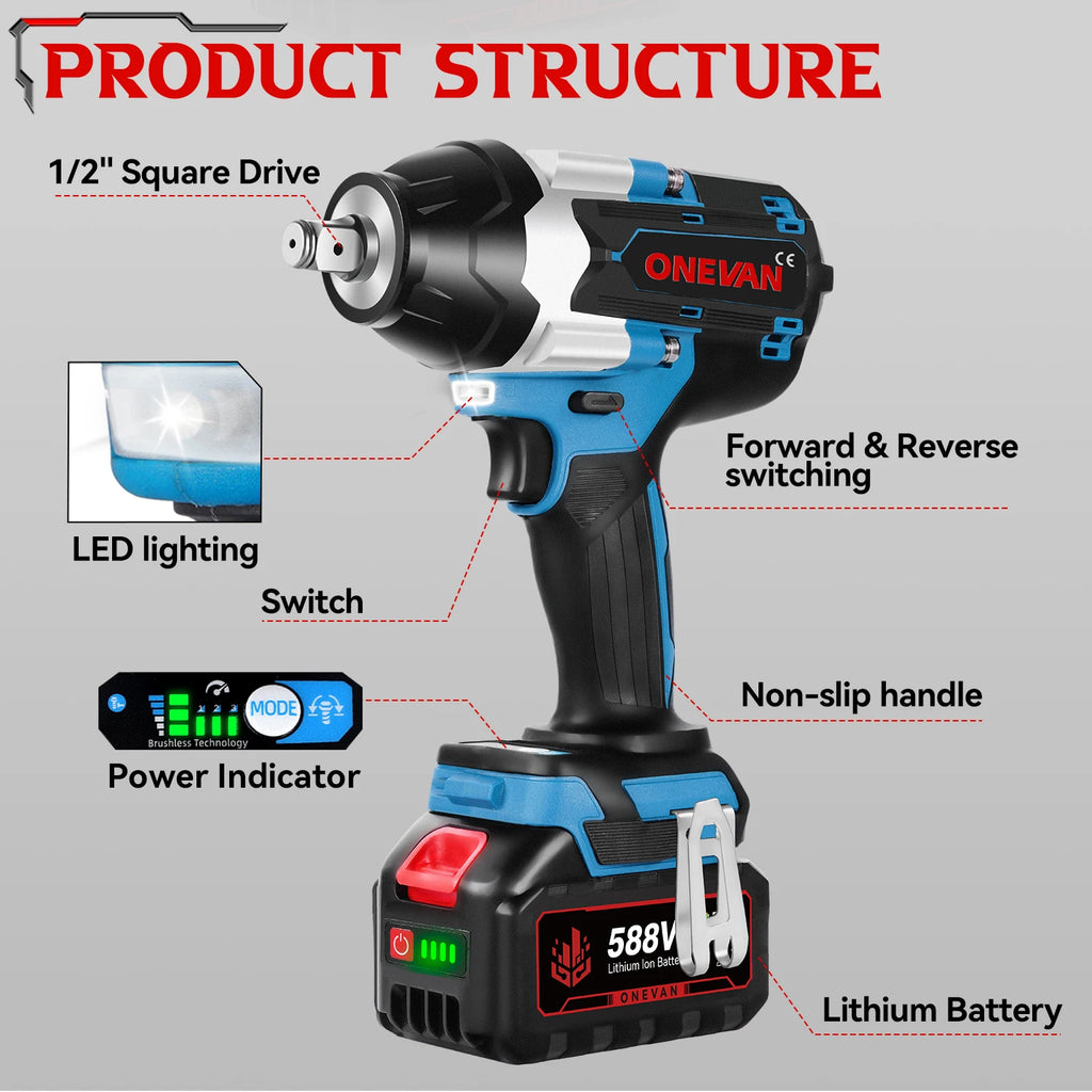 ONEVAN 1800N.M Cordless Brushless Impact Wrench 1/2" — High Torque Power Tool for Makita Battery