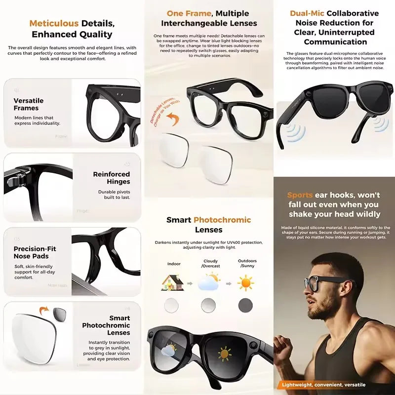 2026 Smart Glasses Women 3600mAh Power Bank 800W Camera 120+Languages Translation Recording Videos Music Player Call Glasses Men
