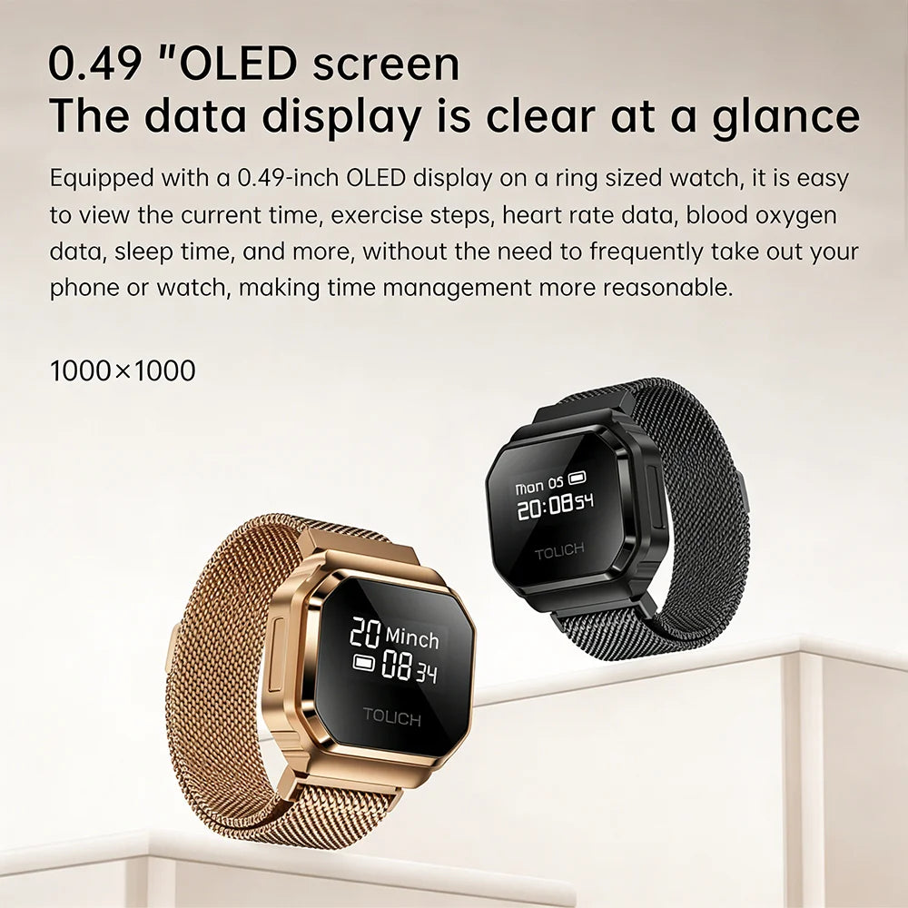 2026 New Smart Watch Ring 0.49" OLED Screen, Heart Rate Blood Oxygen Sleep Health Monitoring, 5ATM Waterproof, Multiple Sport