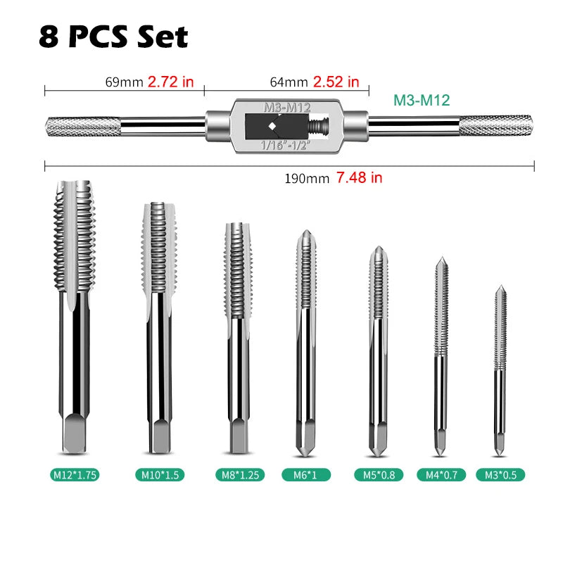6/8-Piece Manual Tap Wrench Set – HSS Right-Hand Thread Tool
