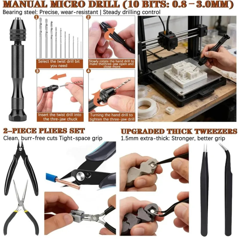 66x 3D Printer Tools Kit with Storage Case for FDM SLA Printers Deburring Tool Scrapers Metal Files Brushes Hand Drill Tweezers