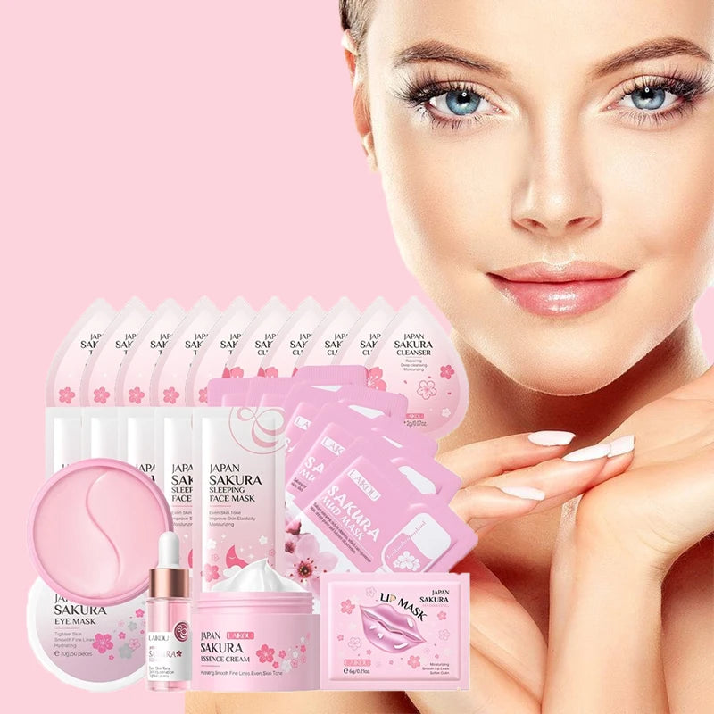 Sakura Skin Care Set 24pcs – Eye & Lip Masks, Serum, Mud Masks, Cleanser, Toner, Essence & Cream