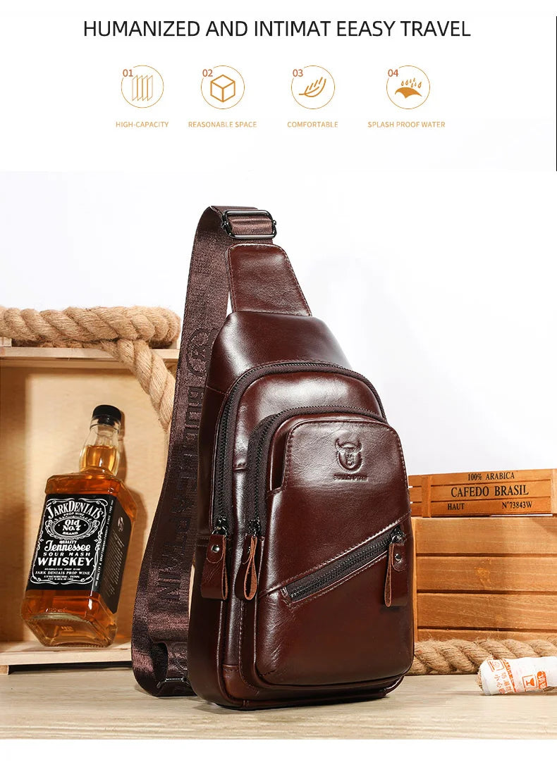 BULLCAPTAIN Men's Leather Chest Bag – Large Capacity Sling Messenger Bag XB-127
