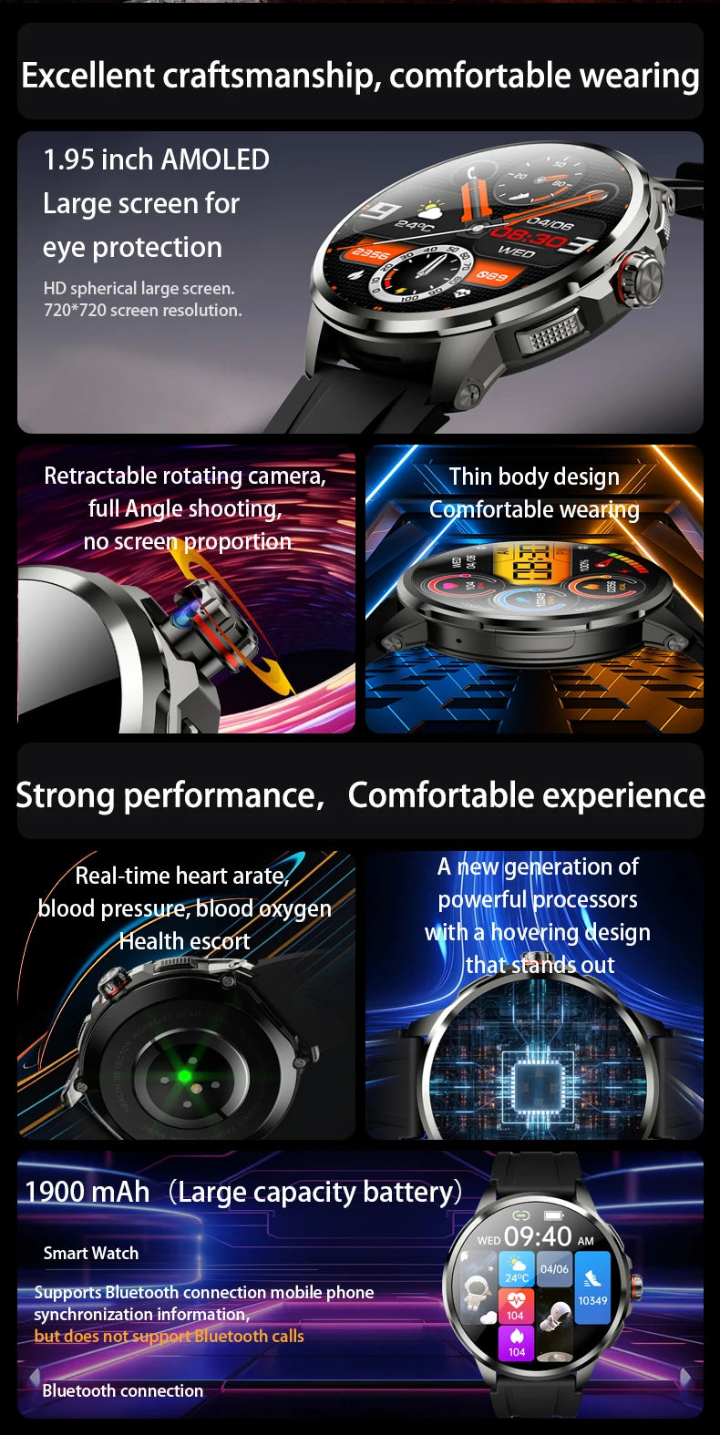 Original H99 Smart Watch Android Watches 1.95inch Amoled Screen Men's Smartwatch With 8MP Rotating Camera GPS WIFI Sim Card Slot