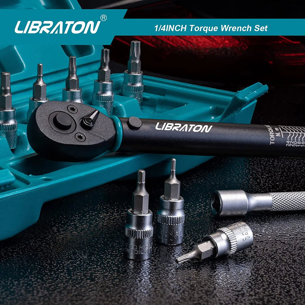Bike Torque Wrench 1/4'', 5-25Nm, 0.1Nm Micro, Drive Click Torque Wrench Set, Hex, Torx/Star Bit Sockets, Extension Bar