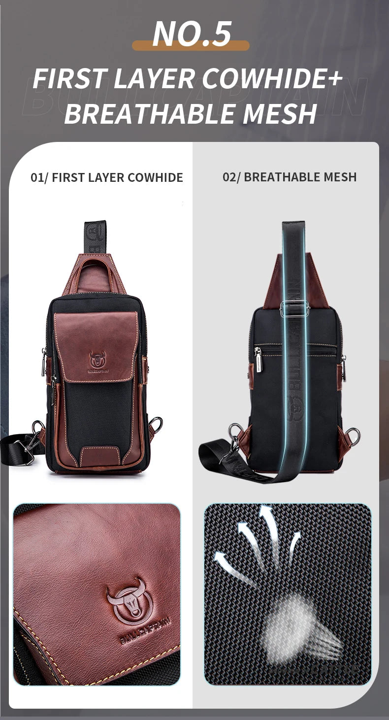 BULLCAPTAIN Men Chest Bag Head Layer Cowhide Men's Bag Casual Fashion Chest Belt Bag Popular Styles Business Shoulder Bag