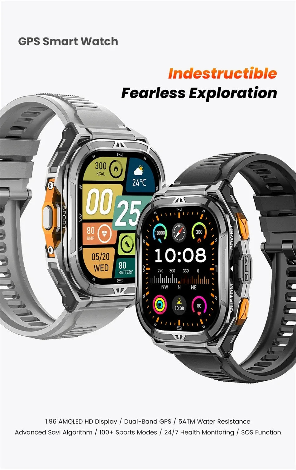 Men's GPS Smart Watch 1.96" AMOLED with Compass & Bluetooth Call