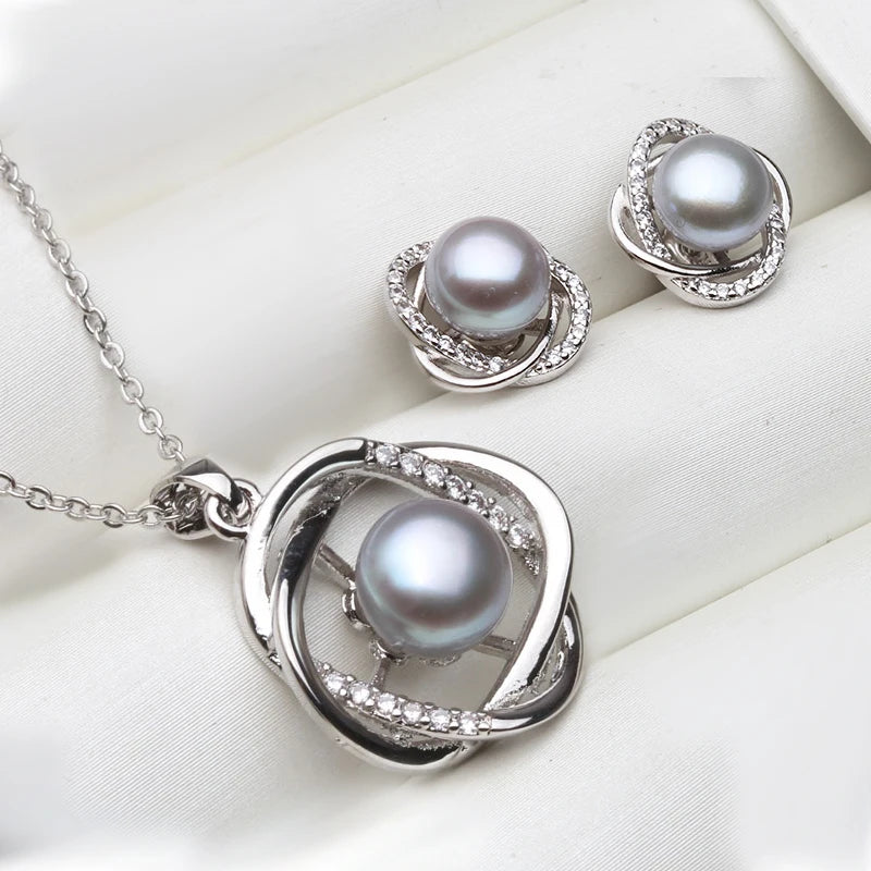 Real 925 Sterling Silver Necklace Earring Sets Women,Classic Wedding Natural Pearl Pendant Sets White Black Grey Gift