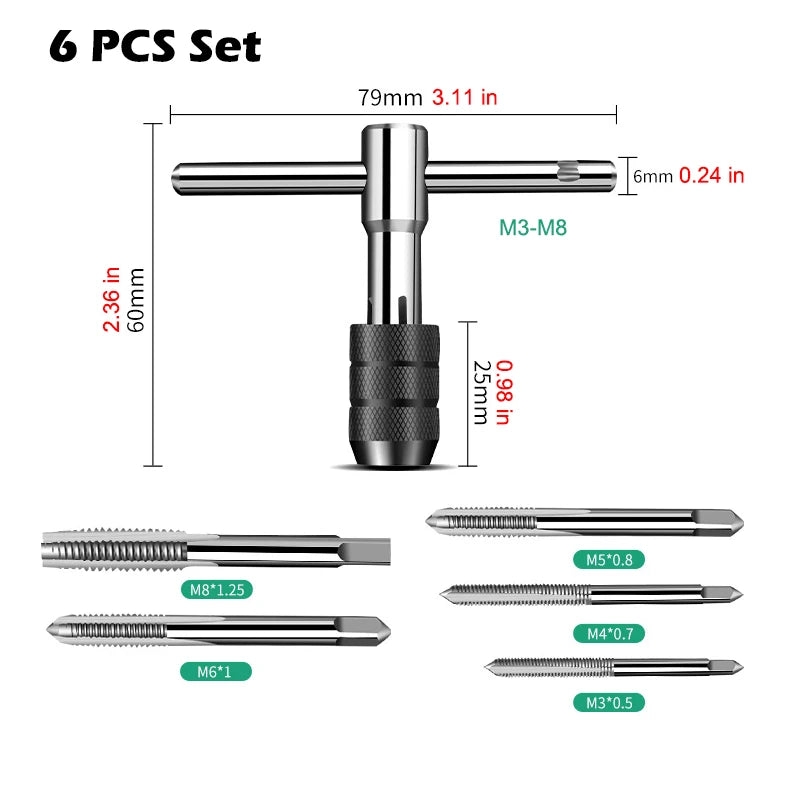 6/8-Piece Manual Tap Wrench Set – HSS Right-Hand Thread Tool