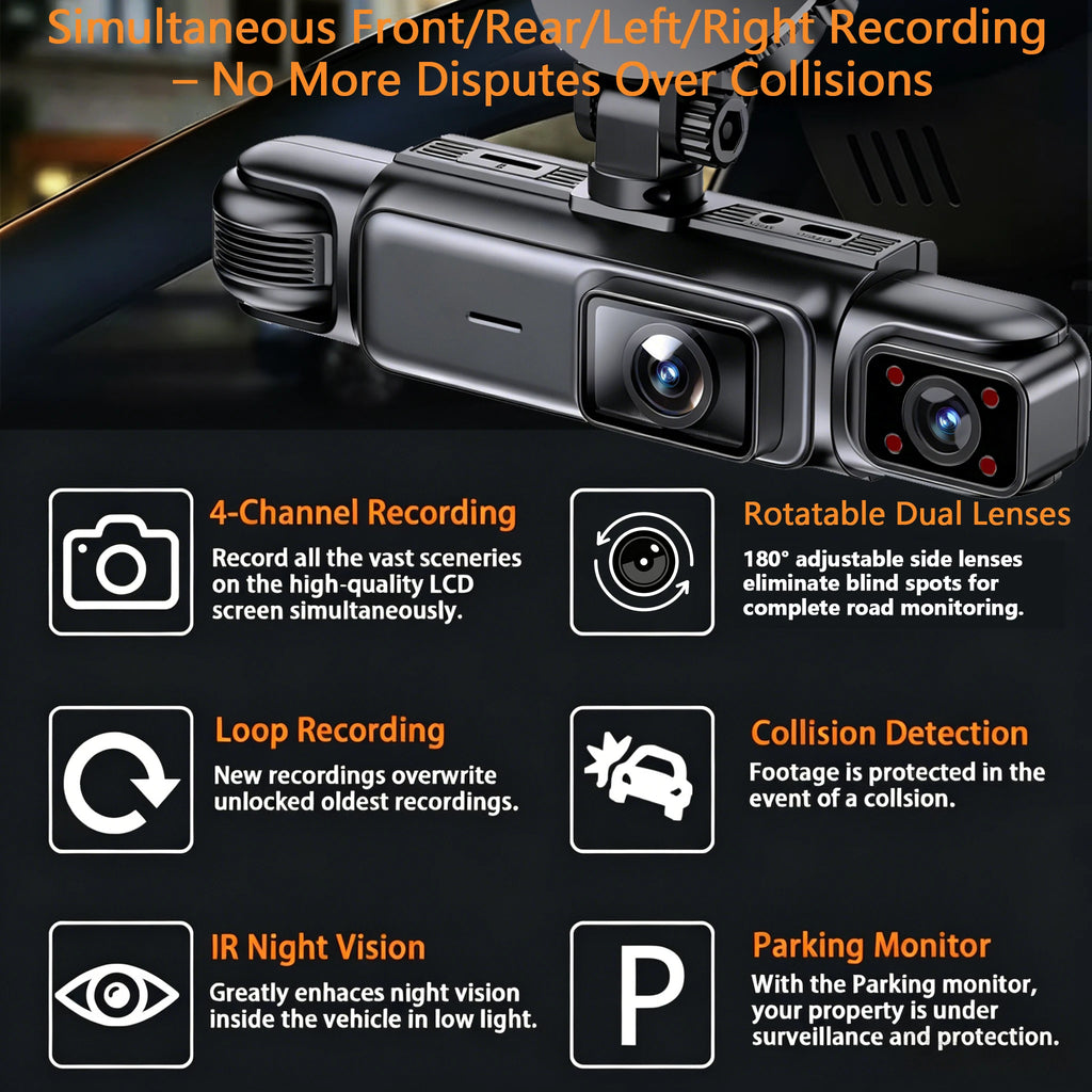 4 Channel 360° Dash Cam Black Box for Car Video Recorder DVR Camera FHD 1080P Night Vision Loop Recording 24H Parking Monitor