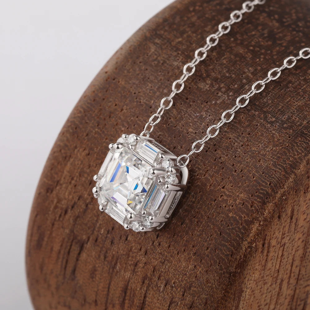 2CT Asscher Cut Moissanite Necklace for Women 925 Sterling Silver Baguette Halo Lab Diamond Pendant Bridal Wedding Jewelry Gifts