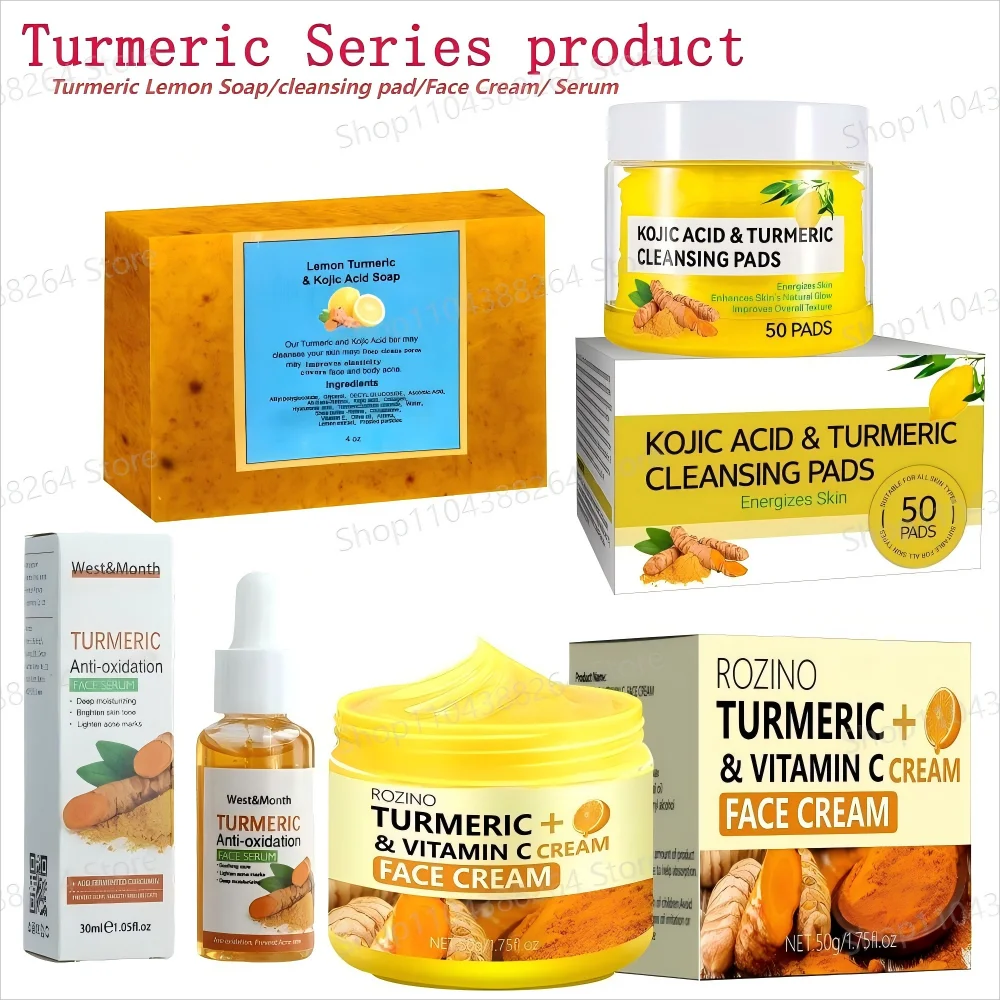 Turmeric & Lemon Skincare Series – Soap, Cleansing Pad, Face Cream & Serum for All Skin Types